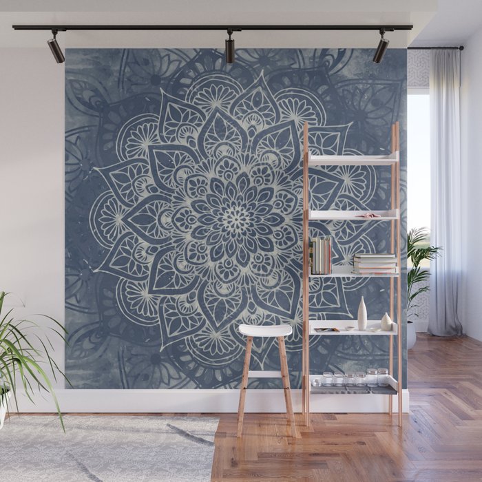 Boho Mandala, Flower, Navy Blue Wall Mural Gallery Image 1