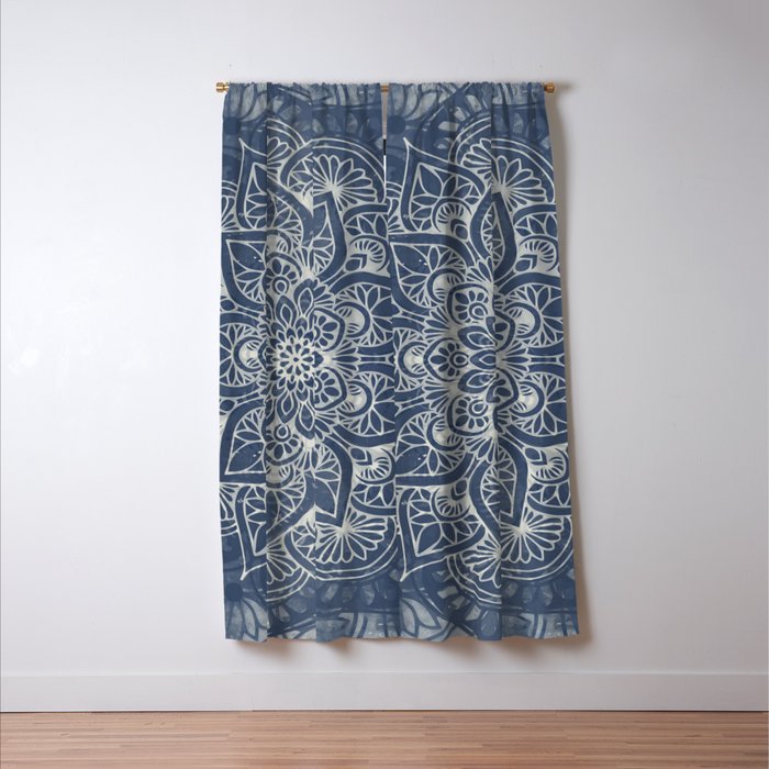 Boho Mandala, Flower, Navy Blue Window Curtain Gallery Image 3
