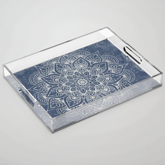 Boho Mandala, Flower, Navy Blue Acrylic Tray Gallery Image 1