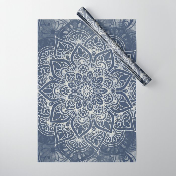 Boho Mandala, Flower, Navy Blue Wrapping Paper Gallery Image 1
