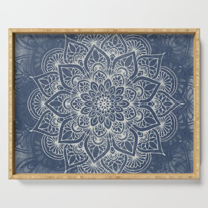 Boho Mandala, Flower, Navy Blue Serving Tray Gallery Image 1