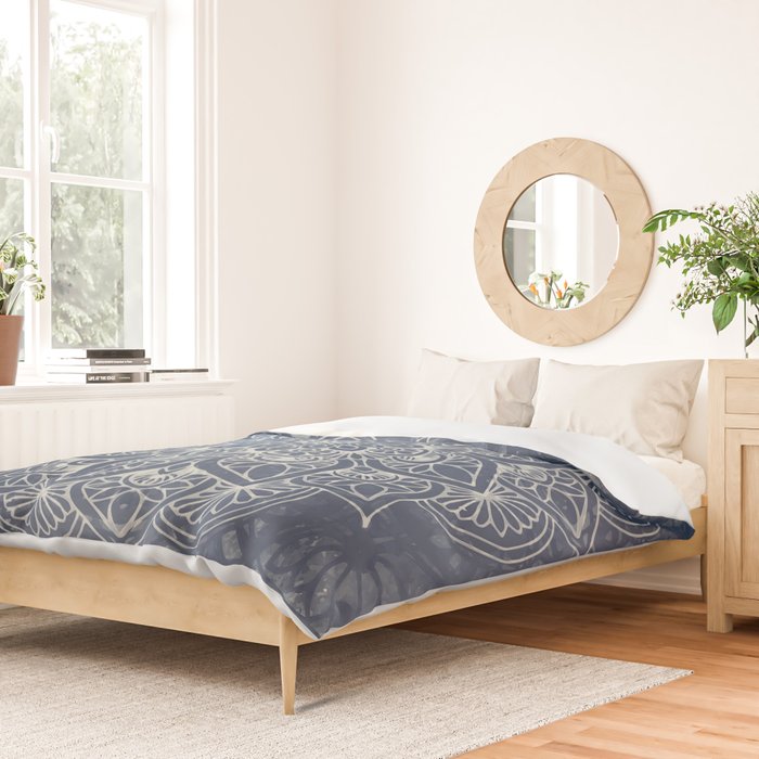 Boho Mandala, Flower, Navy Blue Duvet Cover Gallery Image 2