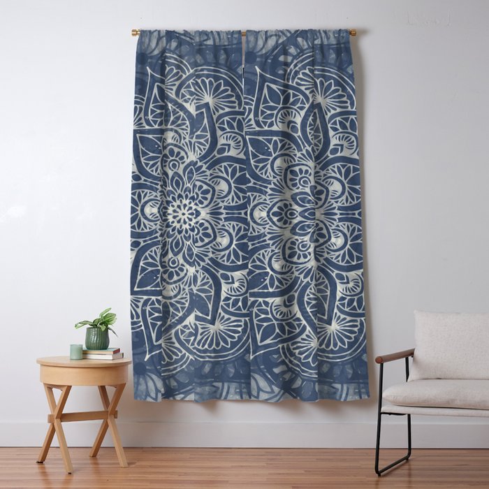 Boho Mandala, Flower, Navy Blue Window Curtain Gallery Image 5