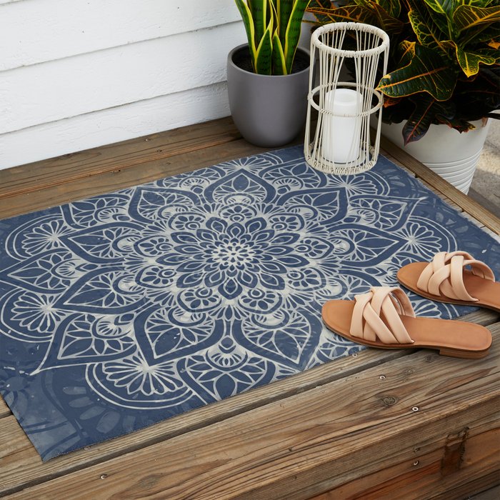 Boho Mandala, Flower, Navy Blue Outdoor Rug Gallery Image 2