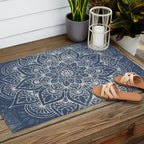 Boho Mandala, Flower, Navy Blue Outdoor Rug Gallery Image 2