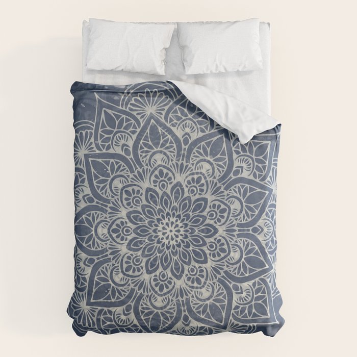 Boho Mandala, Flower, Navy Blue Duvet Cover Gallery Image 1