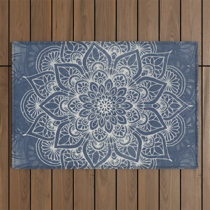 Boho Mandala, Flower, Navy Blue Outdoor Rug Gallery Image 1