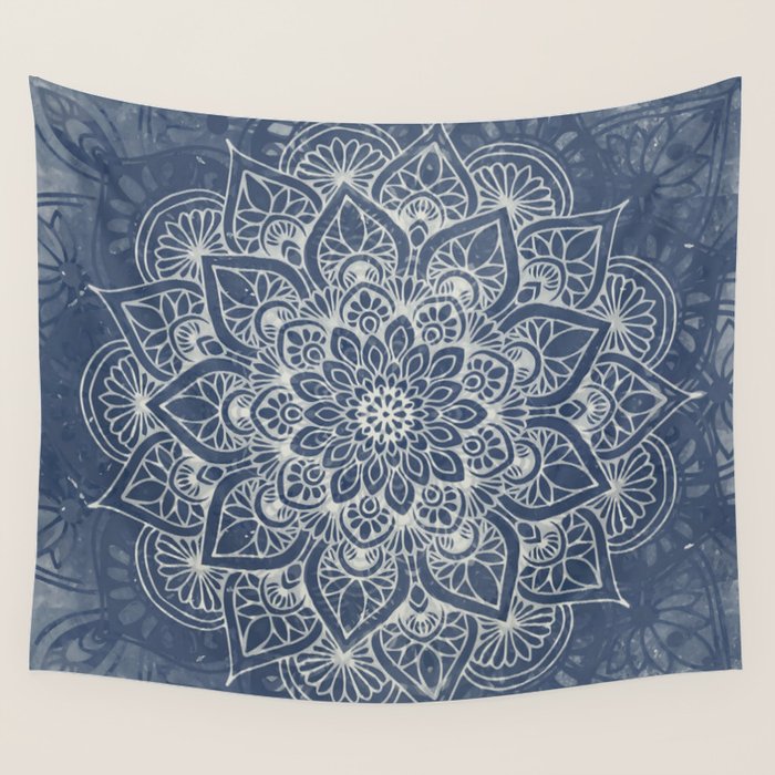 Boho Mandala, Flower, Navy Blue Wall Tapestry Gallery Image 1