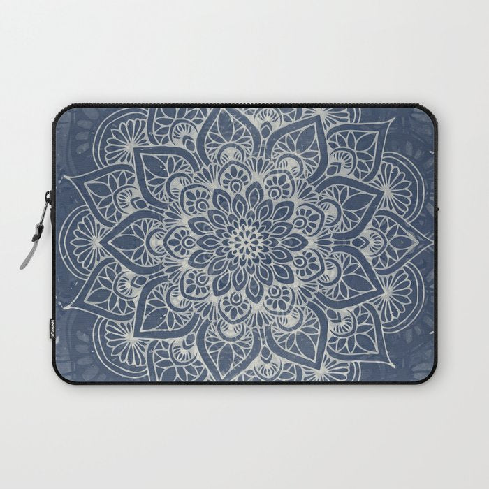 Boho Mandala, Flower, Navy Blue Laptop Sleeve Gallery Image 1