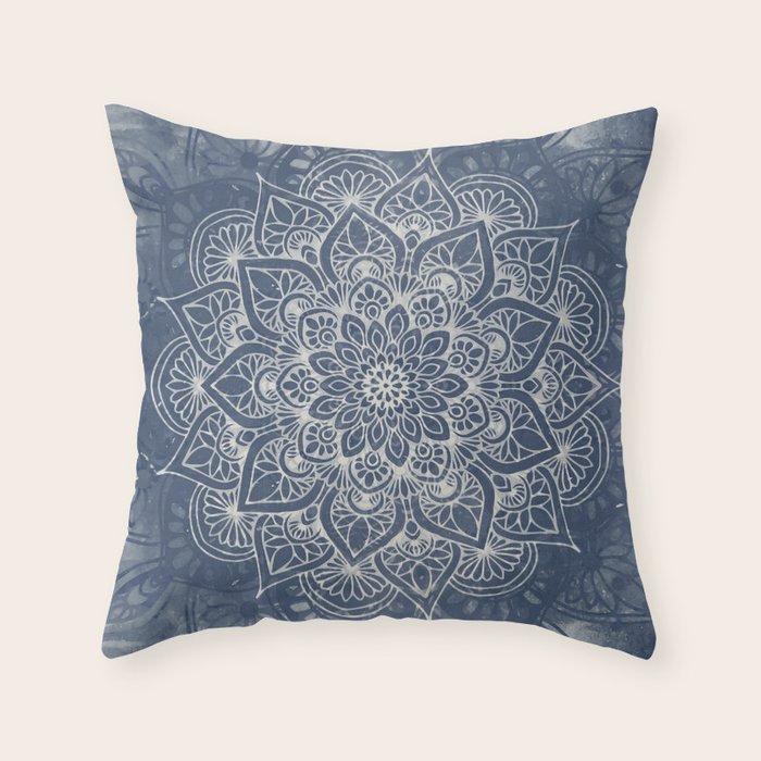 Boho Mandala, Flower, Navy Blue Throw Pillow Gallery Image 6