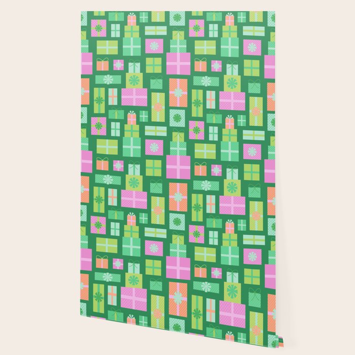 Retro Christmas Presents - Multi on Green Wallpaper Gallery Image 2