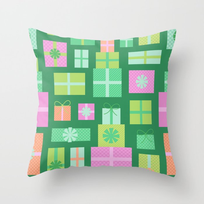 Retro Christmas Presents - Multi on Green Throw Pillow Gallery Image 6