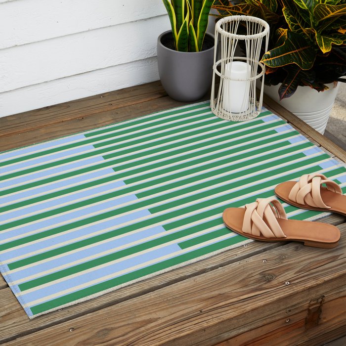 Minimalist Striped Pattern in Blue and Green Outdoor Rug Gallery Image 2
