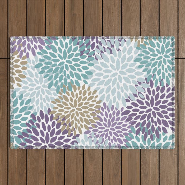 Floral Blooms, Purple, Teal, Gold Outdoor Rug Gallery Image 1
