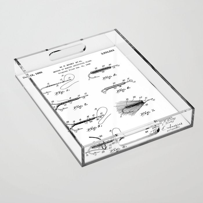 Fly Fishing Patent - Fisherman Art - Black And White Acrylic Tray Gallery Image 1