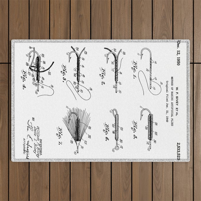Fly Fishing Patent - Fisherman Art - Black And White Outdoor Rug Gallery Image 1