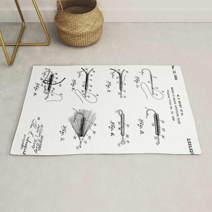 Fly Fishing Patent - Fisherman Art - Black And White Rug Gallery Image 1