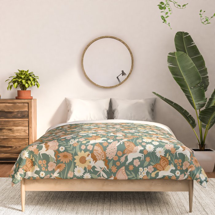 Butterfly Unicorns Frolicking in the Garden - Dark Comforter Gallery Image 3