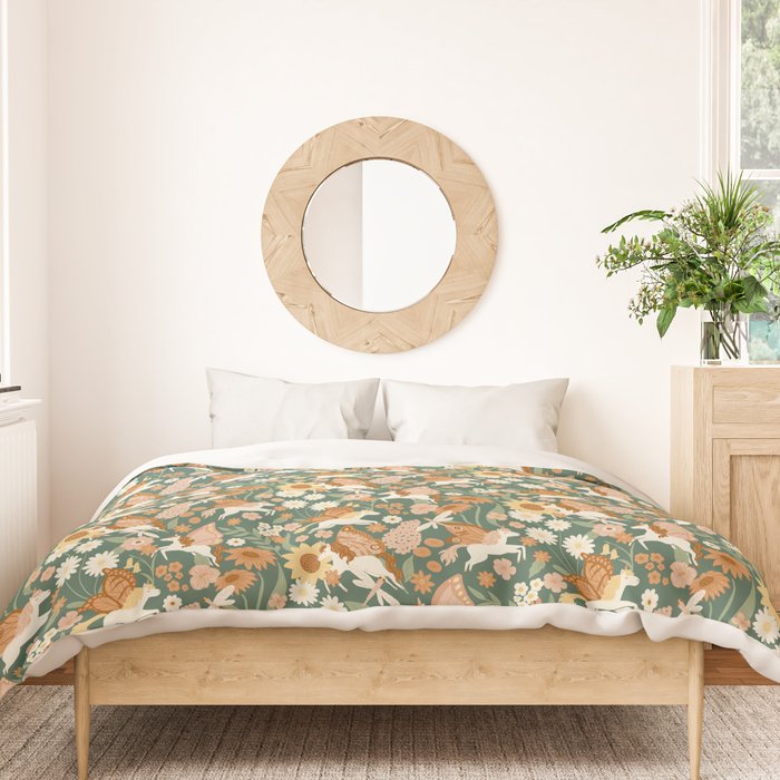 Butterfly Unicorns Frolicking in the Garden - Dark Duvet Cover Gallery Image 3