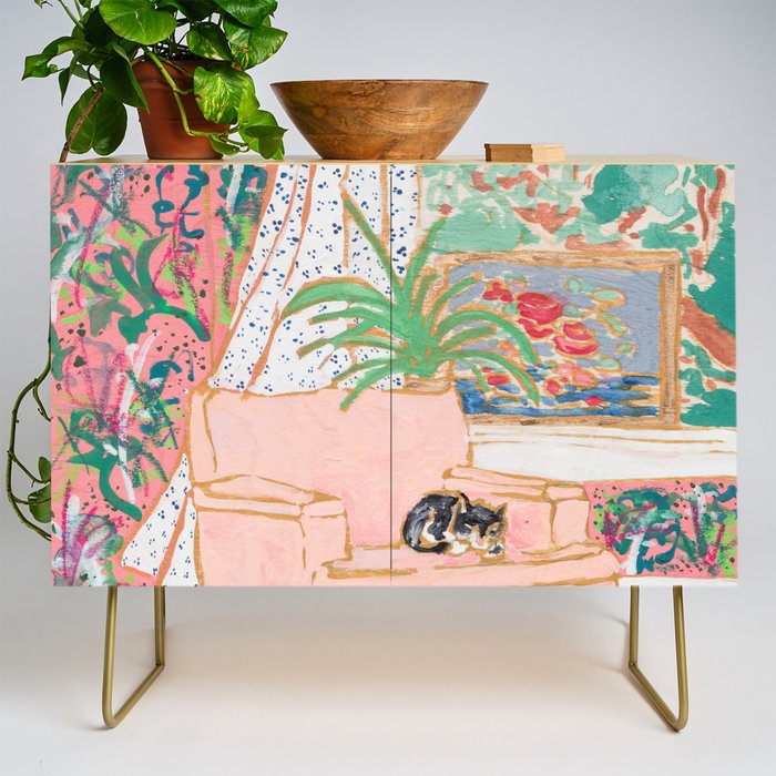 Catnap - Tuxedo Cat Napping in Chair by the Window Credenza Gallery Image 1