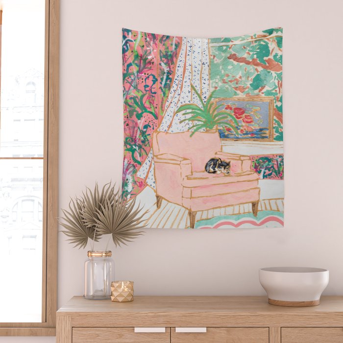Catnap - Tuxedo Cat Napping in Chair by the Window Wall Tapestry Gallery Image 2