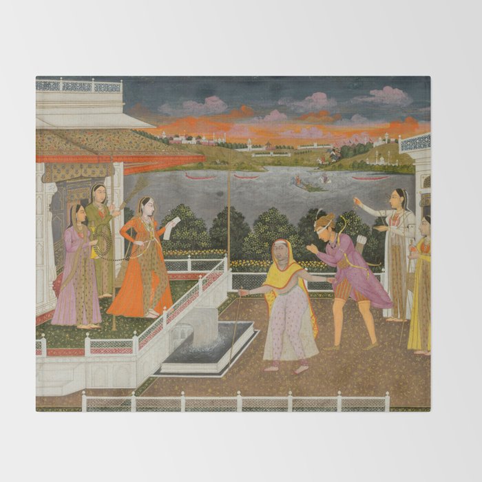 A blindfolded suitor is brought before a princess; verso/ scrolling floral vines 1755 Fayzullah Indian Miniature Painting  Throw Blanket Gallery Image 2
