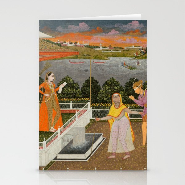 A blindfolded suitor is brought before a princess; verso/ scrolling floral vines 1755 Fayzullah Indian Miniature Painting  Stationery Card Gallery Image 2