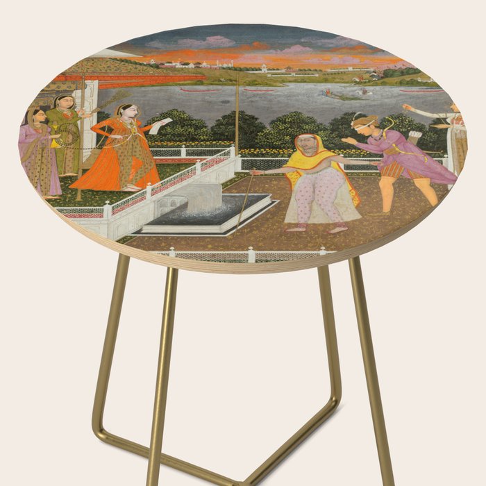 A blindfolded suitor is brought before a princess; verso/ scrolling floral vines 1755 Fayzullah Indian Miniature Painting  Side Table Gallery Image 2