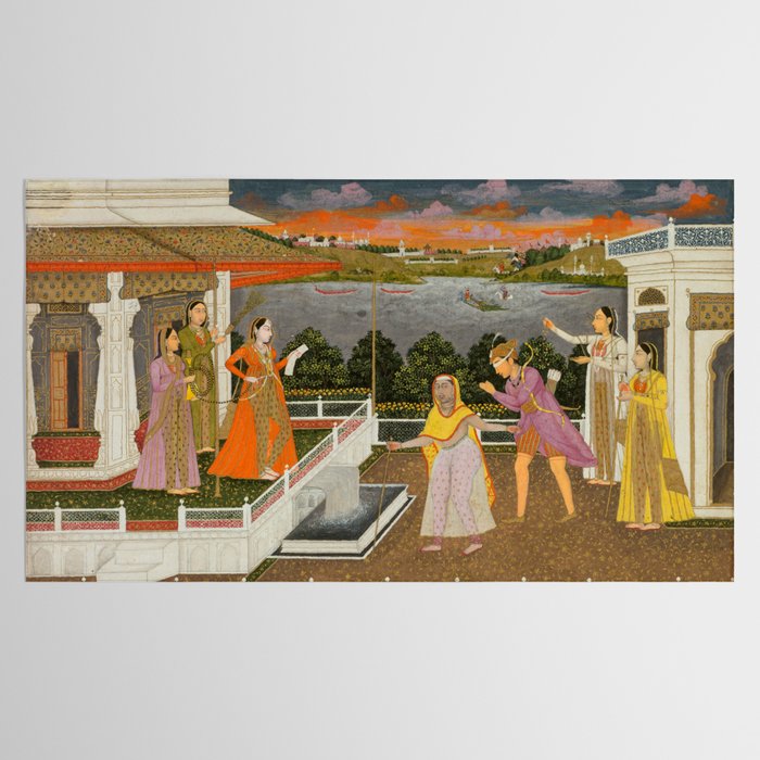 A blindfolded suitor is brought before a princess; verso/ scrolling floral vines 1755 Fayzullah Indian Miniature Painting  Tablecloth Gallery Image 2