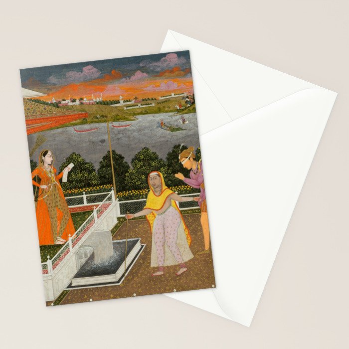 A blindfolded suitor is brought before a princess; verso/ scrolling floral vines 1755 Fayzullah Indian Miniature Painting  Stationery Card Gallery Image 2