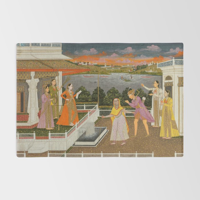 A blindfolded suitor is brought before a princess; verso/ scrolling floral vines 1755 Fayzullah Indian Miniature Painting  Rug Gallery Image 2