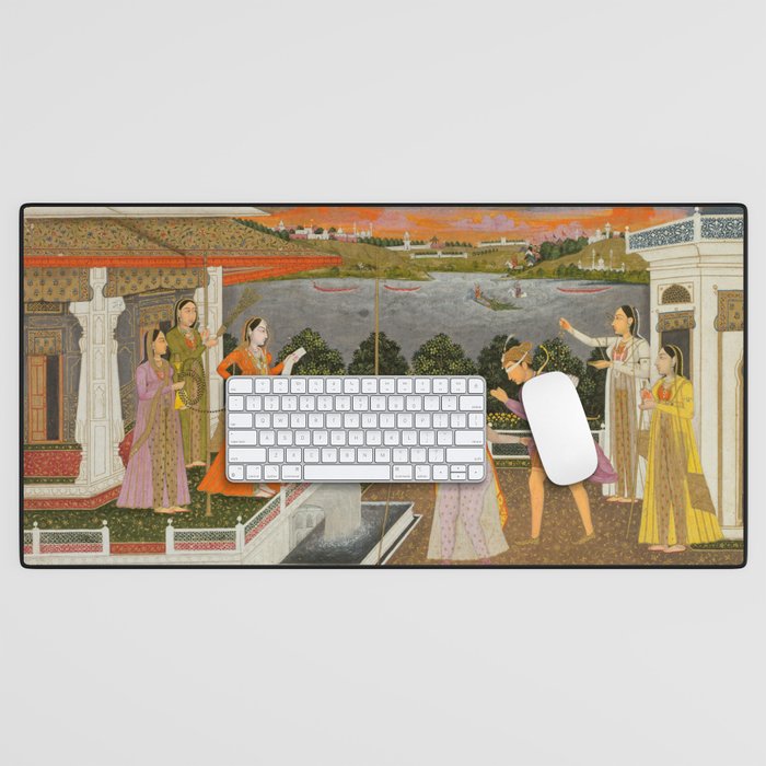 A blindfolded suitor is brought before a princess; verso/ scrolling floral vines 1755 Fayzullah Indian Miniature Painting  Desk Mat Gallery Image 1
