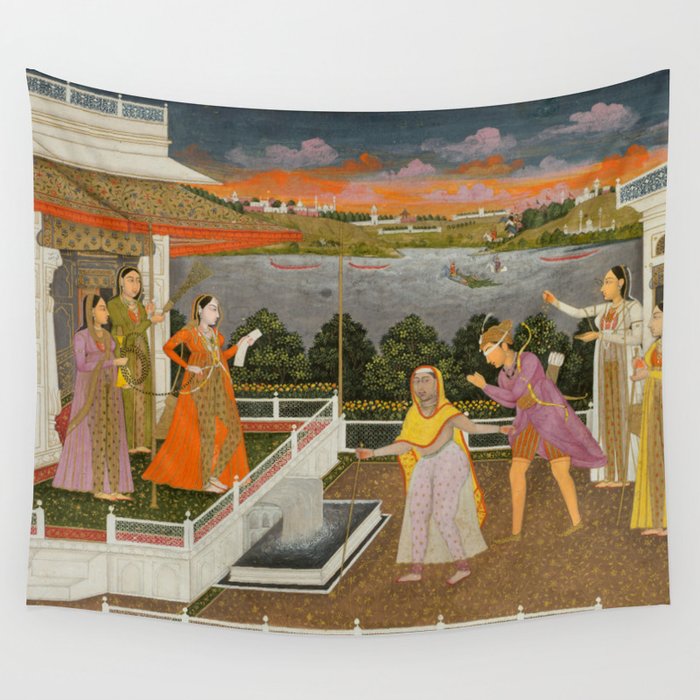 A blindfolded suitor is brought before a princess; verso/ scrolling floral vines 1755 Fayzullah Indian Miniature Painting  Wall Tapestry Gallery Image 1