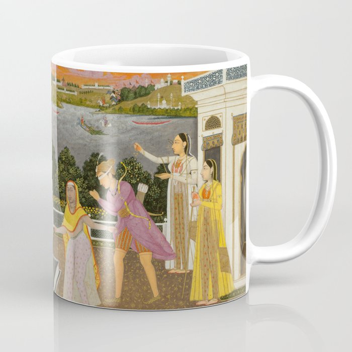 A blindfolded suitor is brought before a princess; verso/ scrolling floral vines 1755 Fayzullah Indian Miniature Painting  Coffee Mug Gallery Image 1