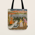 A blindfolded suitor is brought before a princess; verso/ scrolling floral vines 1755 Fayzullah Indian Miniature Painting  Tote Bag Gallery Image 1