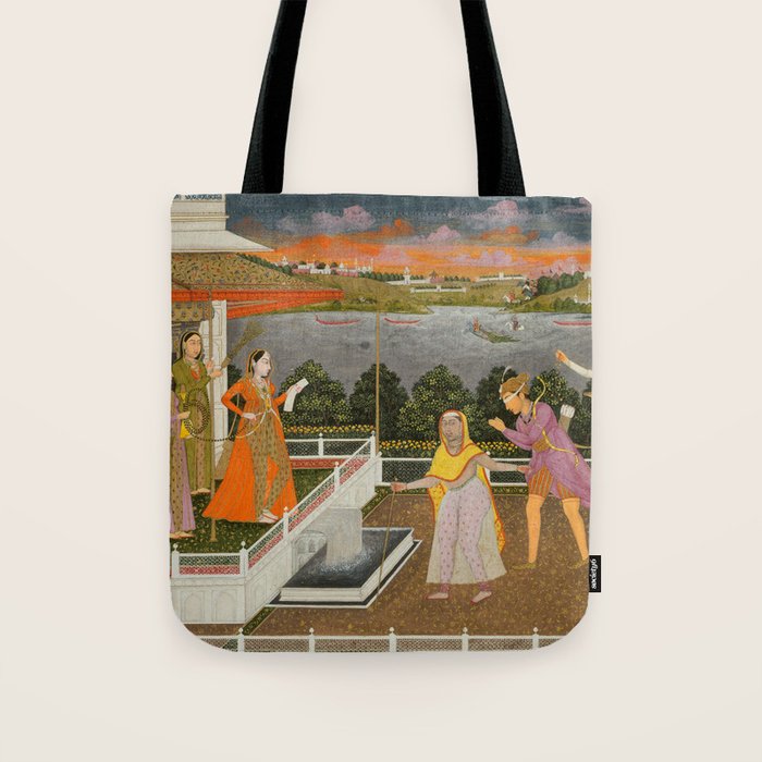 A blindfolded suitor is brought before a princess; verso/ scrolling floral vines 1755 Fayzullah Indian Miniature Painting  Tote Bag Gallery Image 1