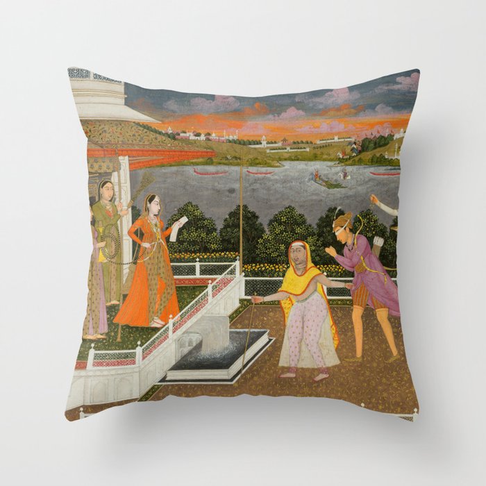 A blindfolded suitor is brought before a princess; verso/ scrolling floral vines 1755 Fayzullah Indian Miniature Painting  Throw Pillow Gallery Image 6