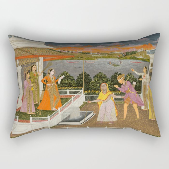 A blindfolded suitor is brought before a princess; verso/ scrolling floral vines 1755 Fayzullah Indian Miniature Painting  Rectangular Pillow Gallery Image 1