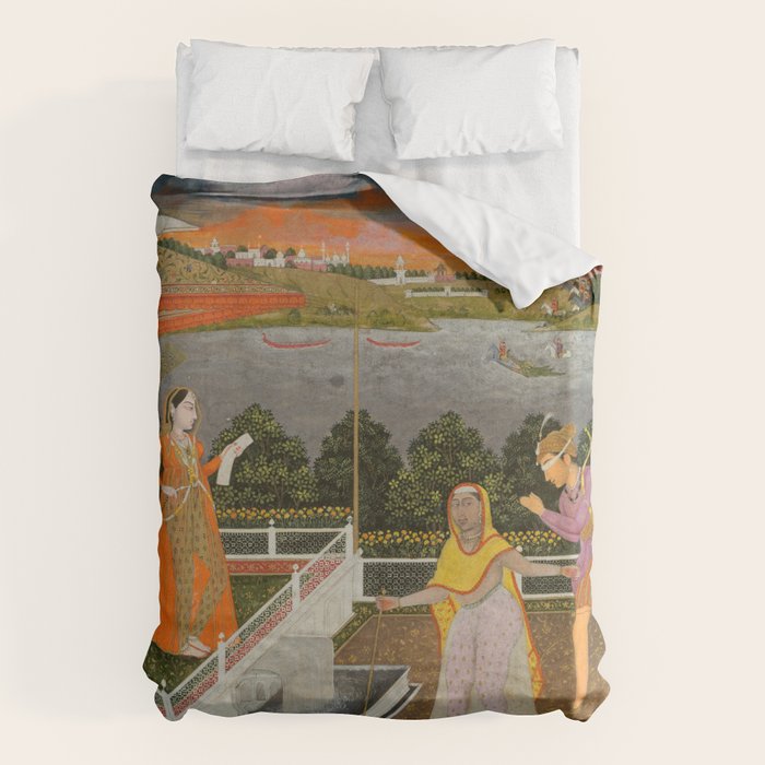 A blindfolded suitor is brought before a princess; verso/ scrolling floral vines 1755 Fayzullah Indian Miniature Painting  Duvet Cover Gallery Image 1