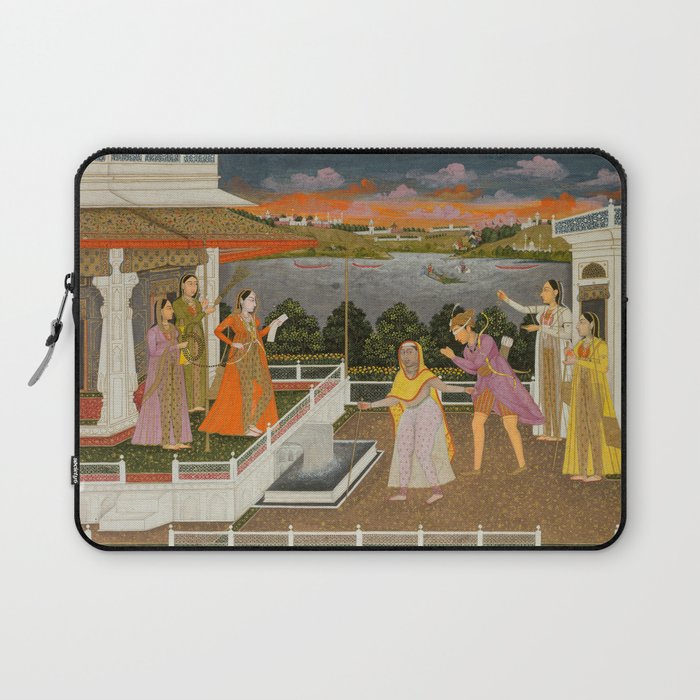 A blindfolded suitor is brought before a princess; verso/ scrolling floral vines 1755 Fayzullah Indian Miniature Painting  Laptop Sleeve Gallery Image 1