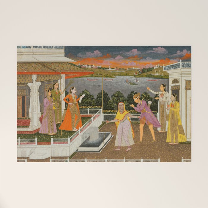 A blindfolded suitor is brought before a princess; verso/ scrolling floral vines 1755 Fayzullah Indian Miniature Painting  Welcome Mat Gallery Image 1