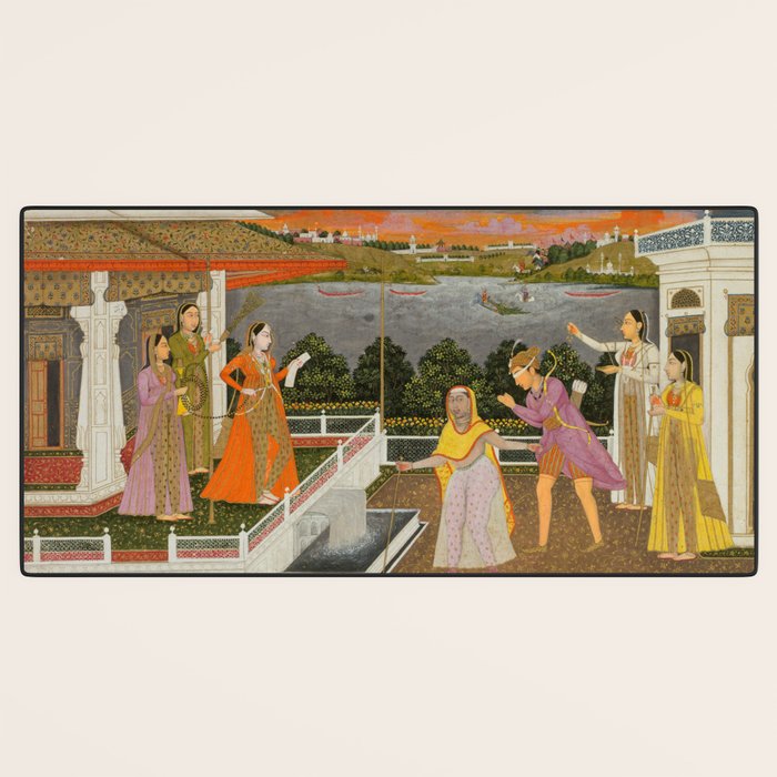 A blindfolded suitor is brought before a princess; verso/ scrolling floral vines 1755 Fayzullah Indian Miniature Painting  Desk Mat Gallery Image 3