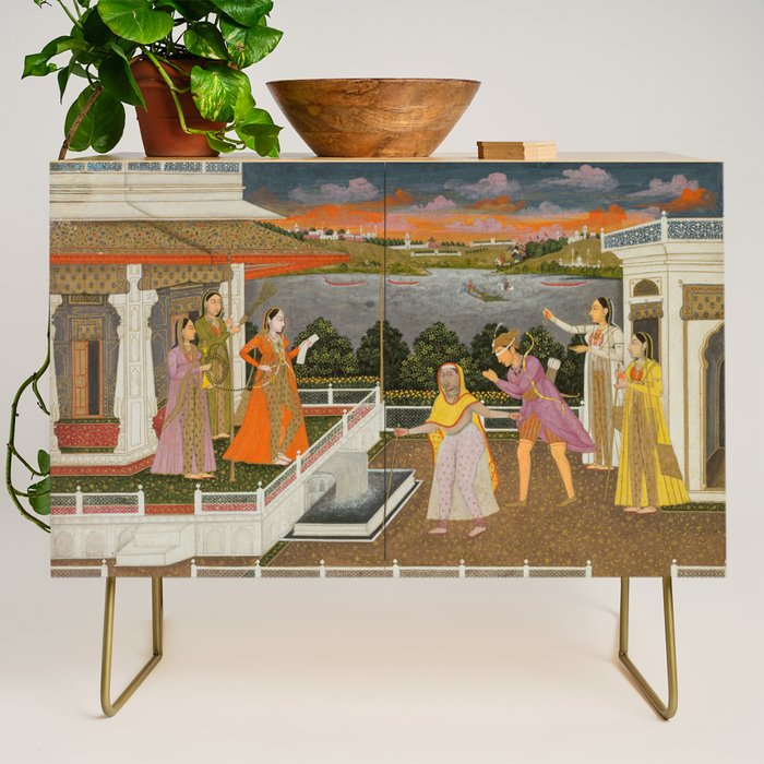 A blindfolded suitor is brought before a princess; verso/ scrolling floral vines 1755 Fayzullah Indian Miniature Painting  Credenza Gallery Image 1