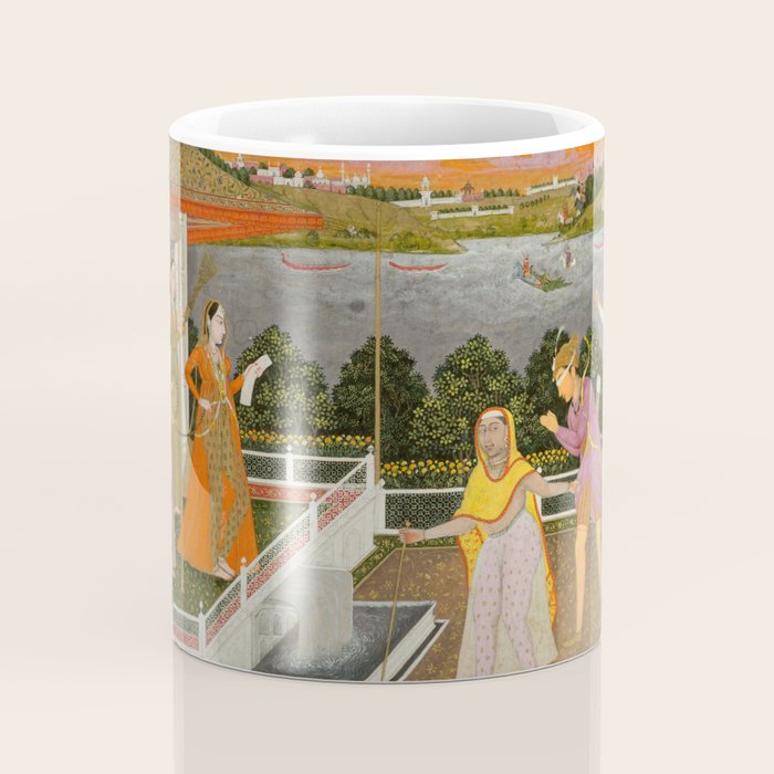 A blindfolded suitor is brought before a princess; verso/ scrolling floral vines 1755 Fayzullah Indian Miniature Painting  Coffee Mug Gallery Image 4