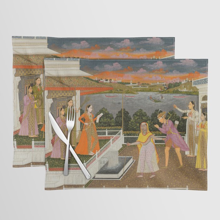 A blindfolded suitor is brought before a princess; verso/ scrolling floral vines 1755 Fayzullah Indian Miniature Painting  Placemat Gallery Image 1