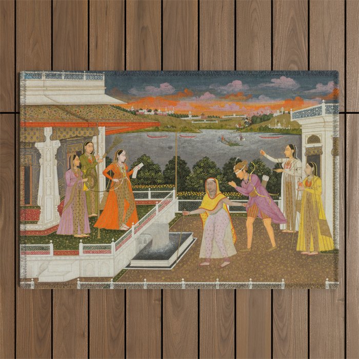 A blindfolded suitor is brought before a princess; verso/ scrolling floral vines 1755 Fayzullah Indian Miniature Painting  Outdoor Rug Gallery Image 1