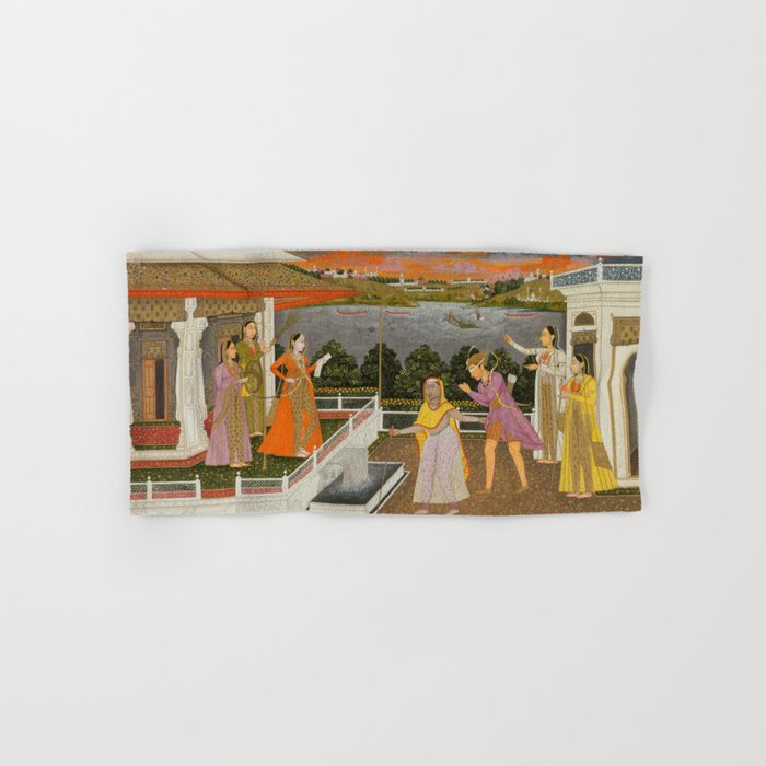A blindfolded suitor is brought before a princess; verso/ scrolling floral vines 1755 Fayzullah Indian Miniature Painting  Bath Towel Gallery Image 1