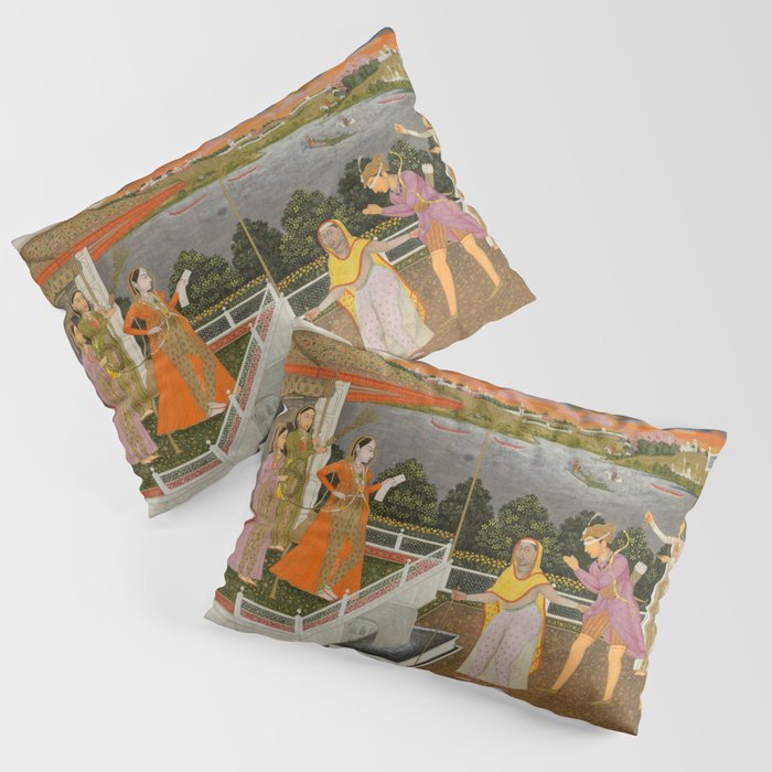 A blindfolded suitor is brought before a princess; verso/ scrolling floral vines 1755 Fayzullah Indian Miniature Painting  Pillow Sham Gallery Image 1