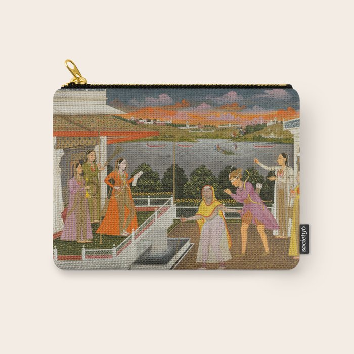 A blindfolded suitor is brought before a princess; verso/ scrolling floral vines 1755 Fayzullah Indian Miniature Painting  Carry All Pouch Gallery Image 1