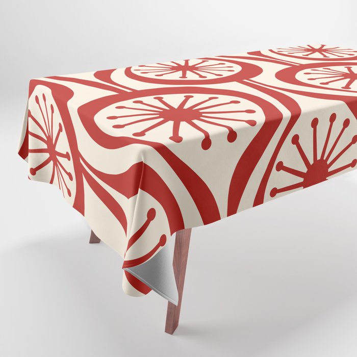 Mid Century Modern Atomic Drops Pattern Red and Cream Tablecloth Gallery Image 1